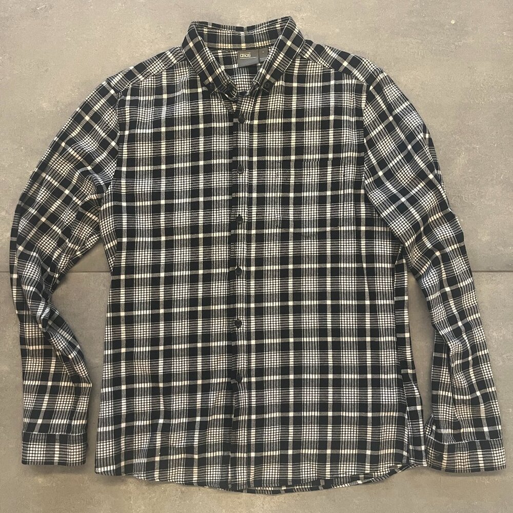 ASOS Black & White Plaid Long Sleeve Flannel Button Up Size MEDIUM